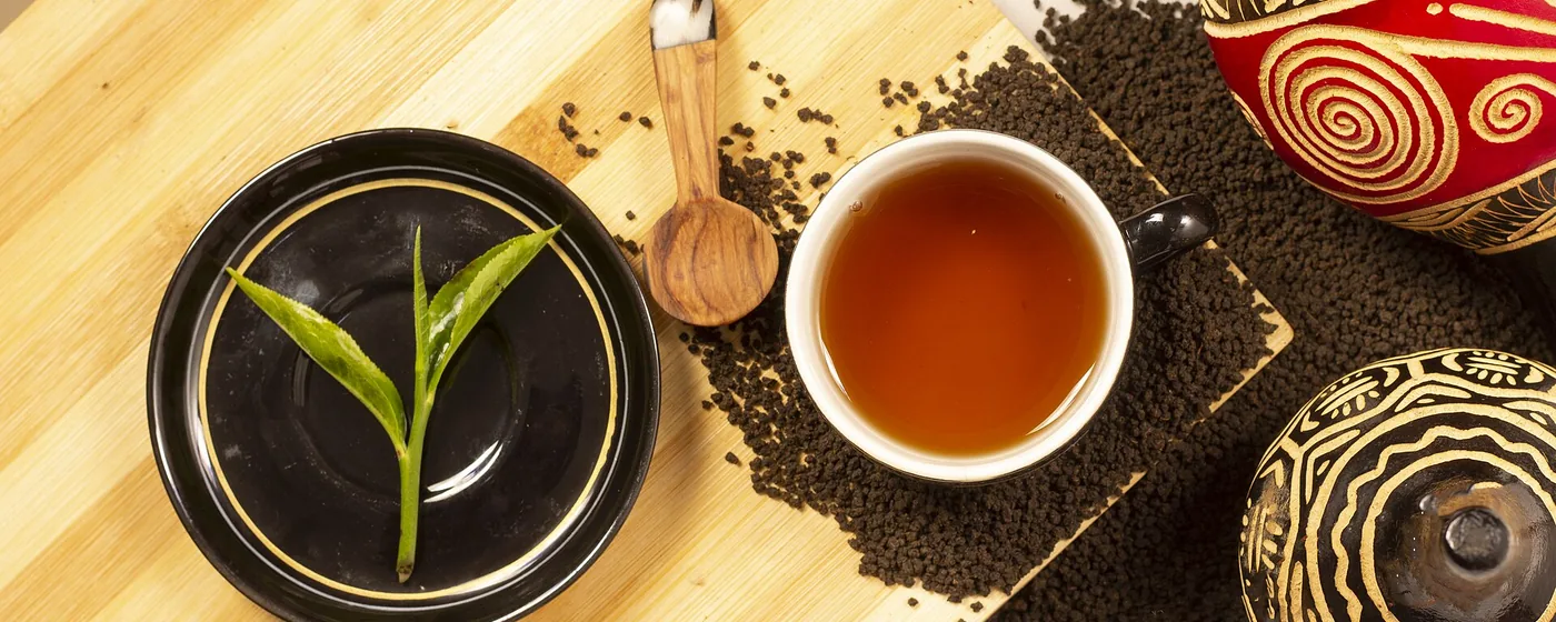 Overhead view of a white cup of amber tea beside loose black tea leaves and fresh green tea leaves