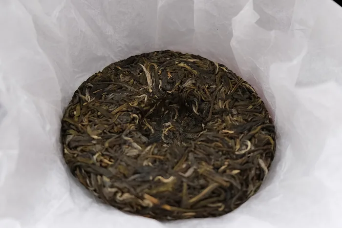 Unwrapped raw pu-erh tea cake with golden-tipped compressed leaves resting on white tissue paper