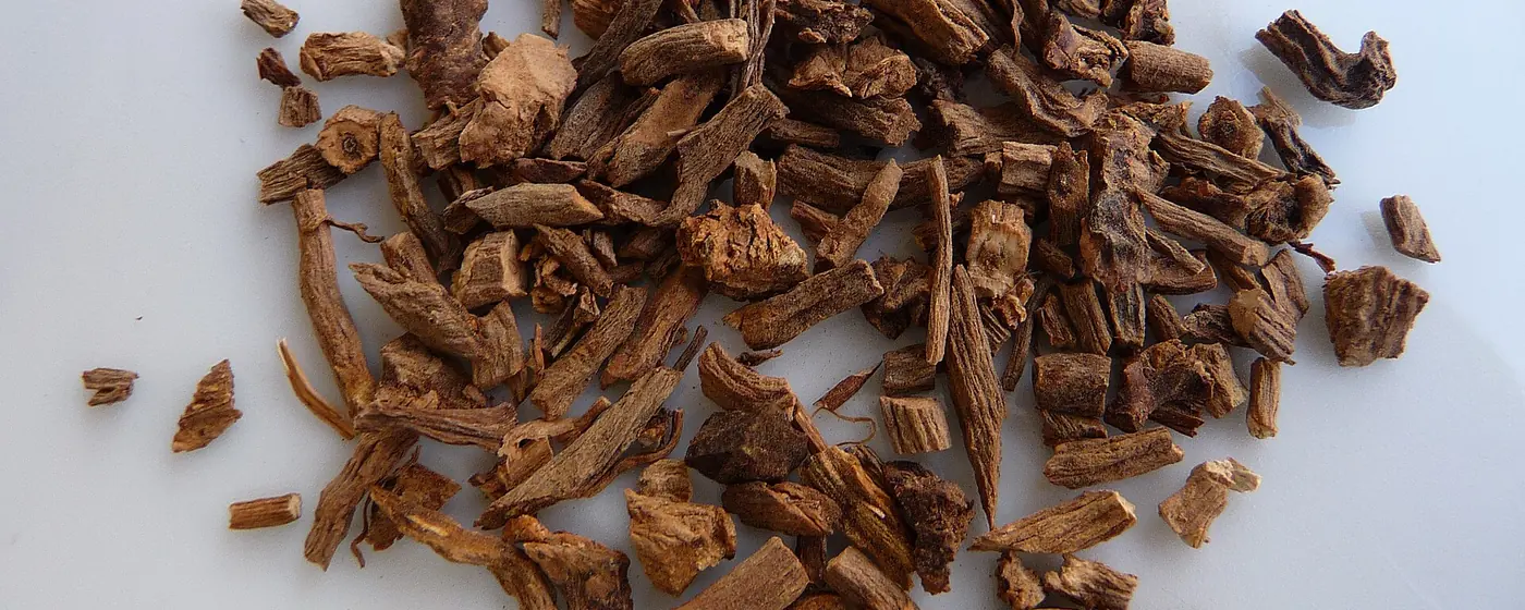 Pile of dried valerian root, coarse brown chopped pieces, on a plain white surface